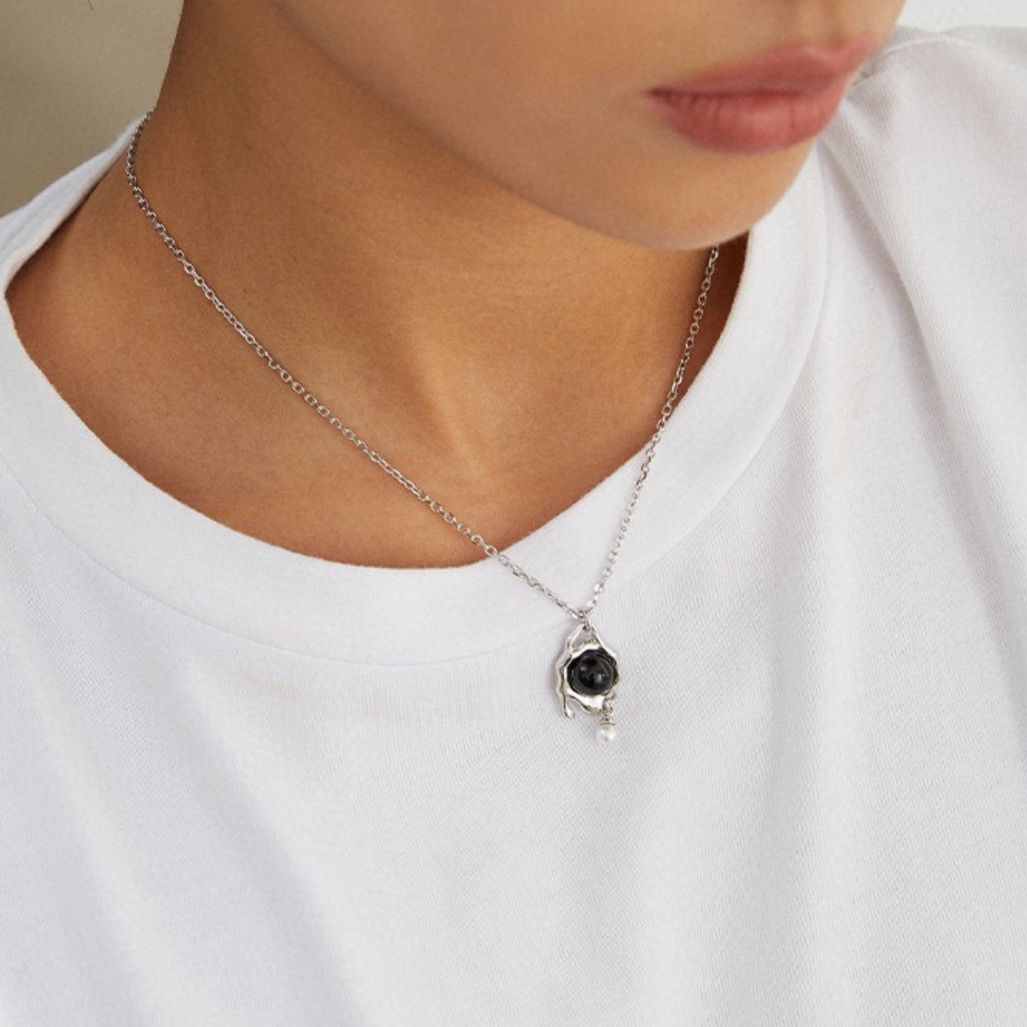 Black Onyx and Pearl Flow Pendant Necklace