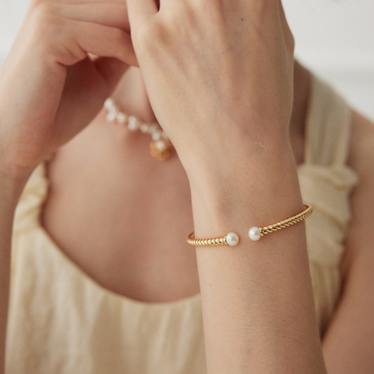 Golden Pearl Harmony Cuff Bracelet