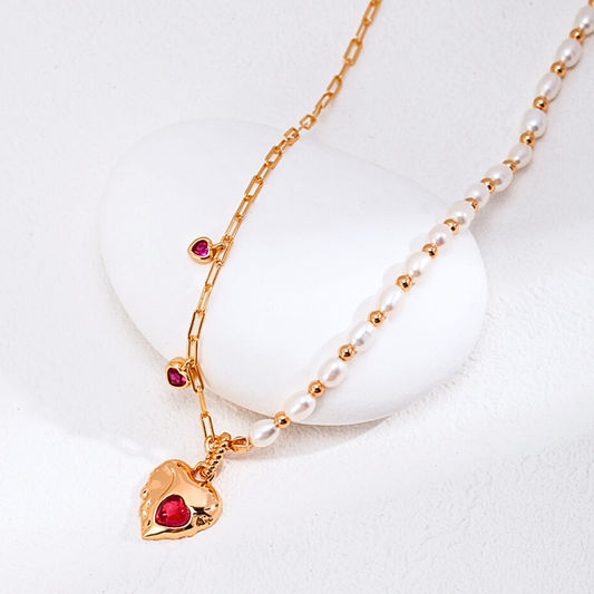 Ruby Heart Pearl Necklace