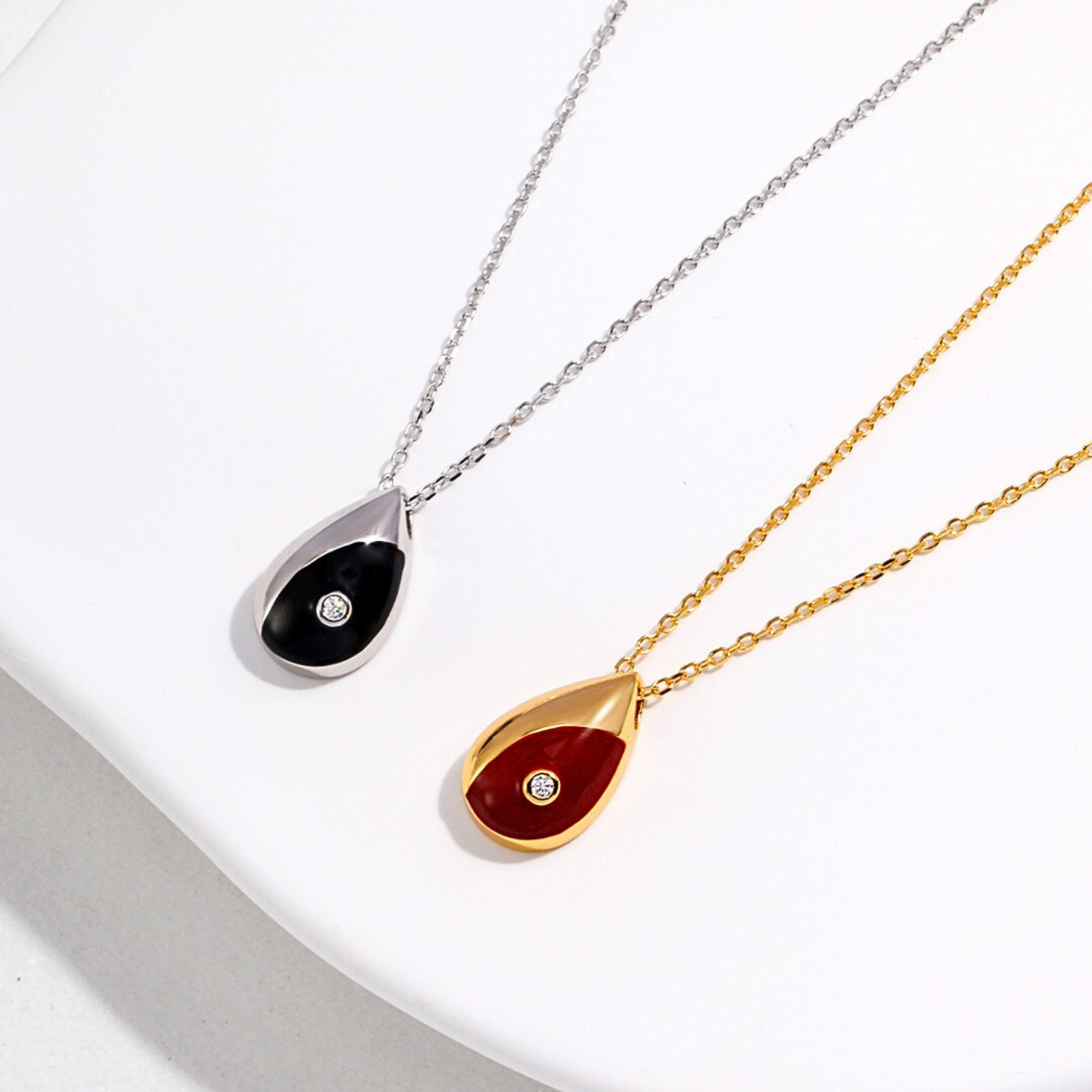 Silver Dew Enamel Teardrop Necklace