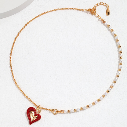 Enamel Heart Pendant Pearl Necklace