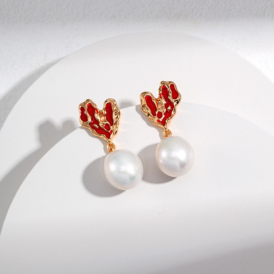 Heart and Pearl Enamel Earrings