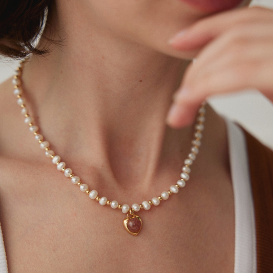 Heart's Whisper Pearl & Strawberry Quartz Necklace